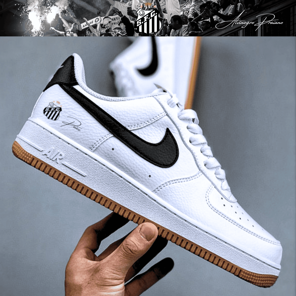 Exclusivo: Tênis Air Force White Black Obsidian Signature Customizado do Santos + *BRINDE 1x Caneca Oficial* - EDIÇÃO LIMITADA