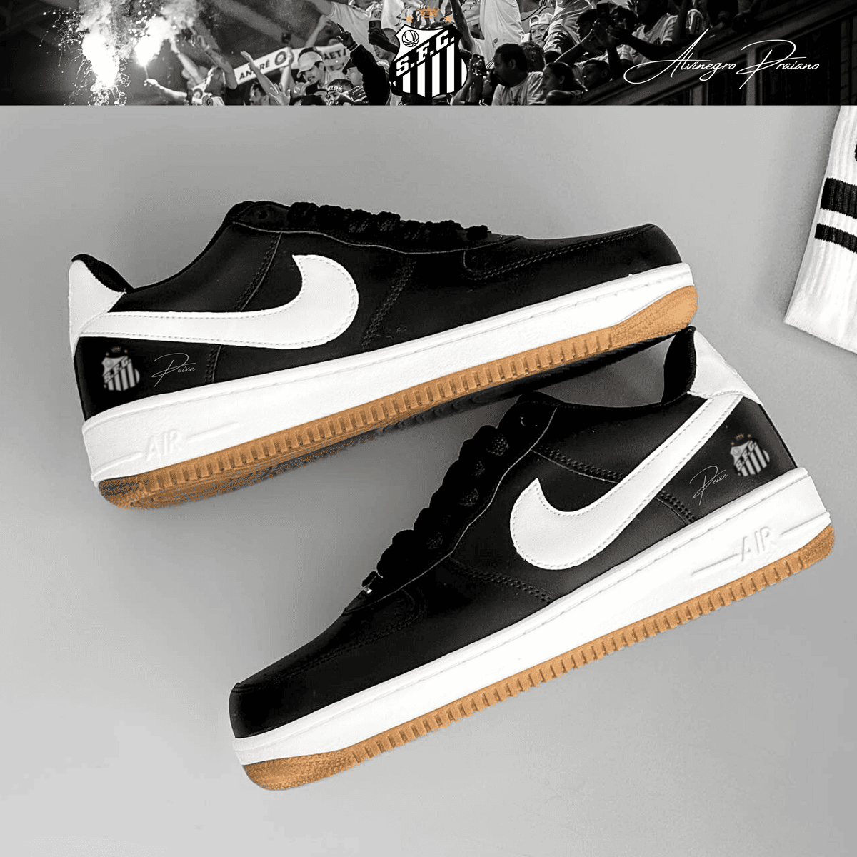 Exclusivo: Tênis Air Force White Black Obsidian Signature Customizado do Santos + *BRINDE 1x Caneca Oficial* - EDIÇÃO LIMITADA