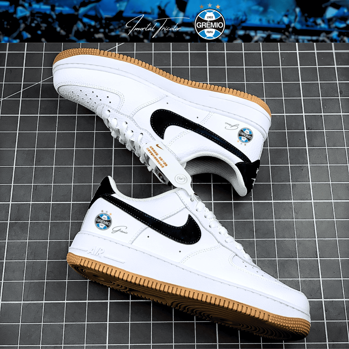 Exclusivo: Tênis Air Force White Black Obsidian Signature Customizado do Grêmio + *BRINDE 1x Caneca Oficial* - EDIÇÃO LIMITADA