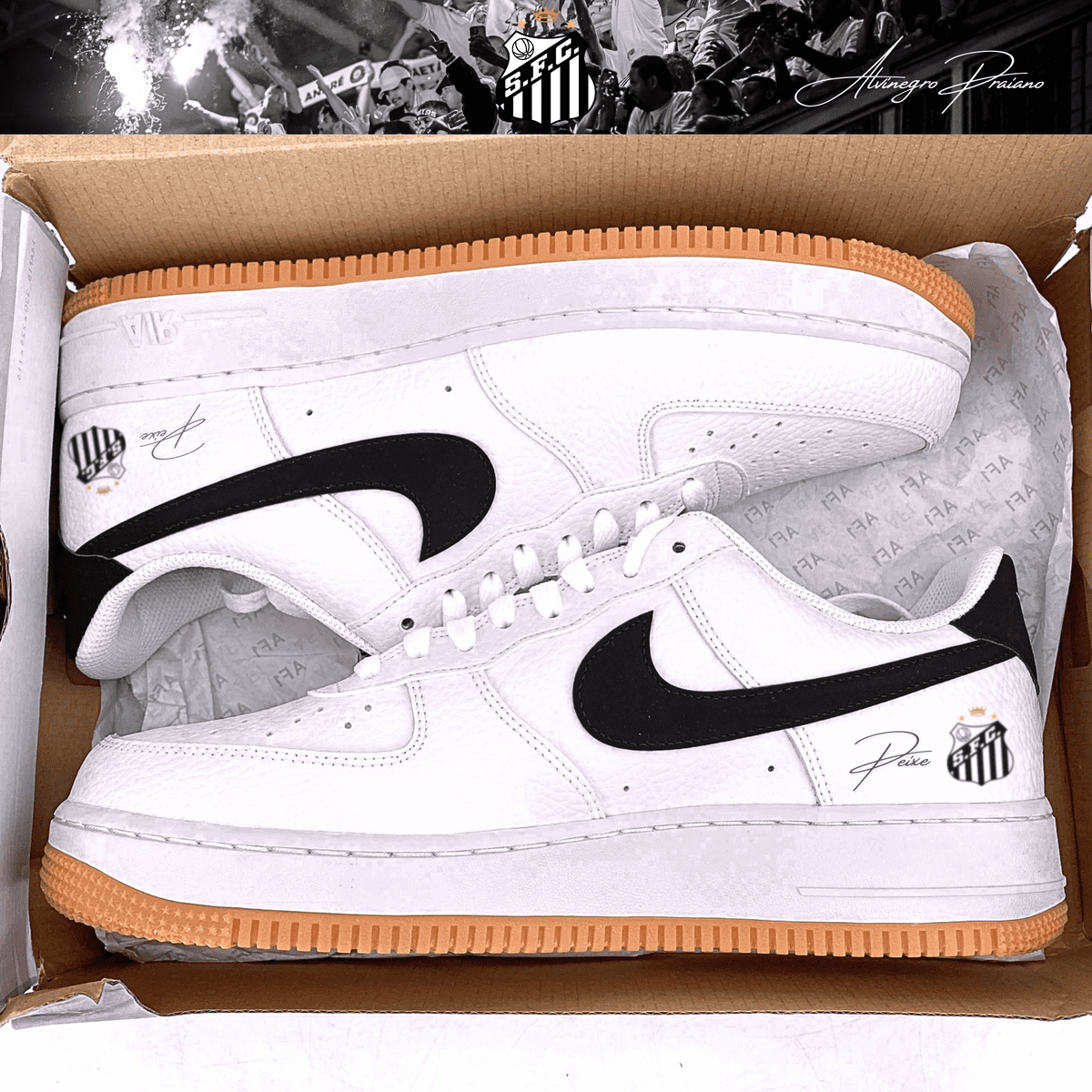 Exclusivo: Tênis Air Force White Black Obsidian Signature Customizado do Santos + *BRINDE 1x Caneca Oficial* - EDIÇÃO LIMITADA